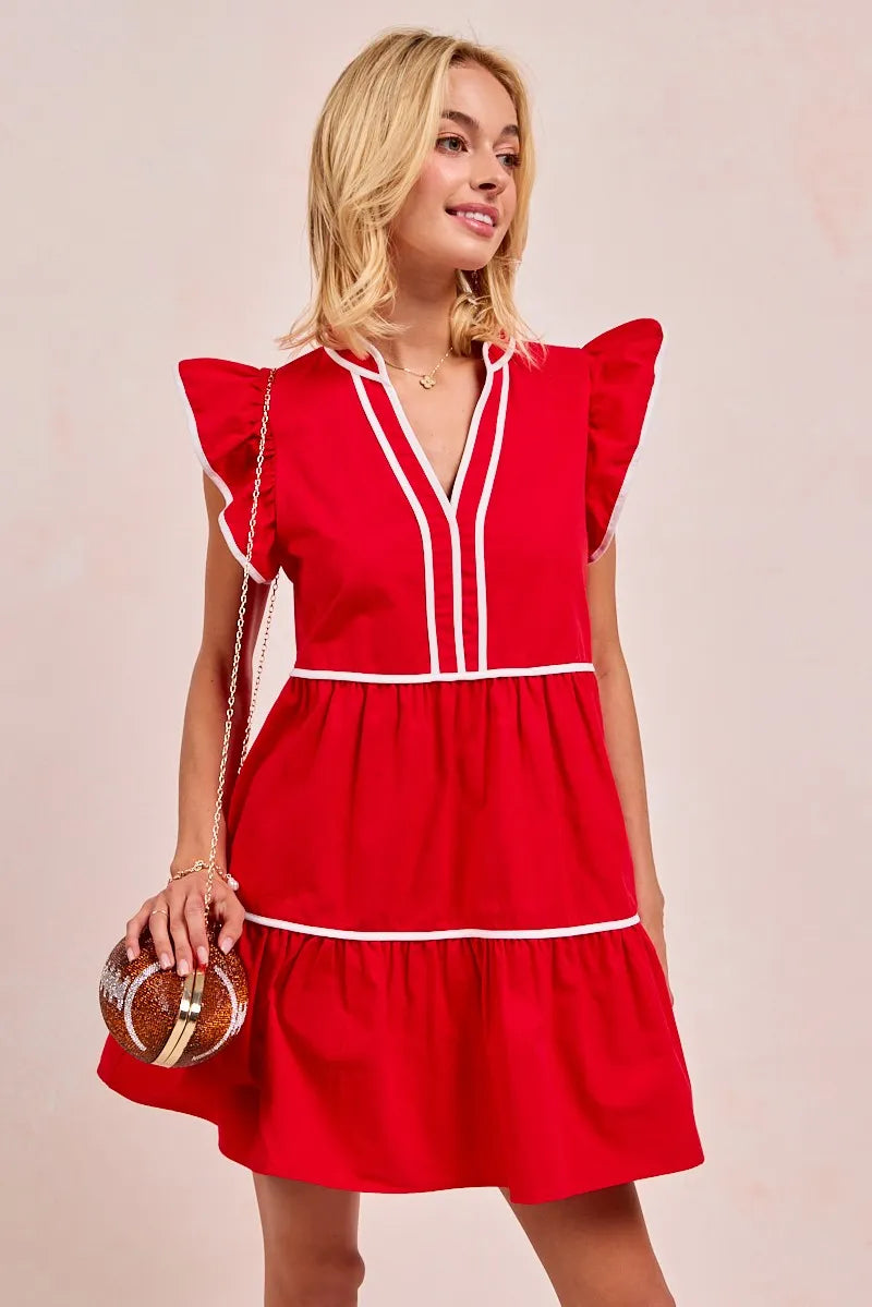 BiBi Red Game Day Theme Contrast Binding Ruffled Dress