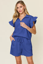 Double Take Quilted Textured Flounce Sleeve Top and Drawstring Shorts Set Royal Blue Loungewear