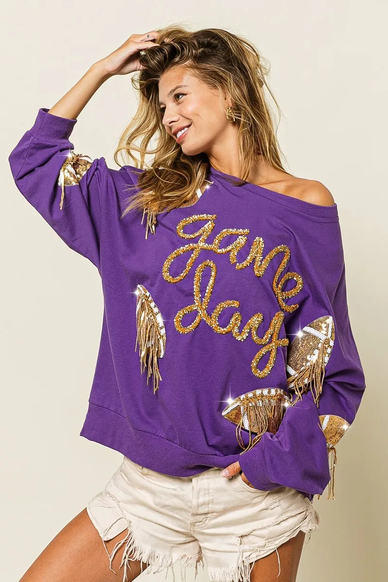 BiBi Purple & Gold Sequin Football Patches Game Day Sweatshirt