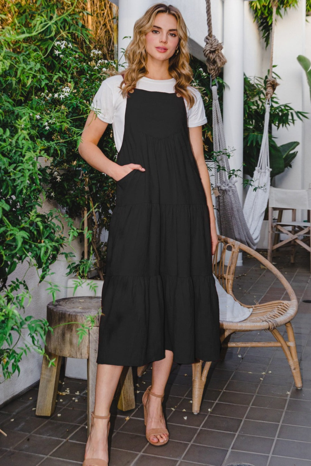 ODDI Black Overall Sleeveless Tiered Midi Dress Black Trendsi