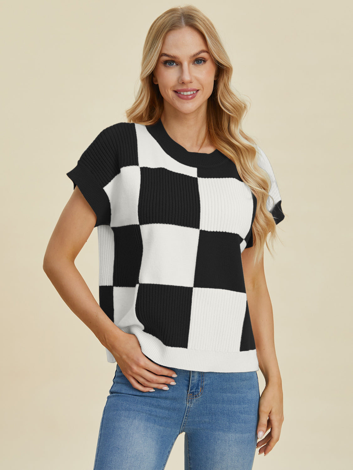 Double Take Checkered Round Neck Short Sleeve Sweater Trendsi