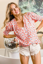 BiBi Floral Jacquard Smoked Puff Sleeves V Neck Top