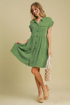 Umgee Green Frayed Hemline Button Down Shirt Dress