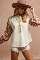 BiBi Ivory & Red Floral Notched Plaid Balloon Sleeve Top