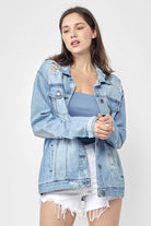 RISEN Light Wash Distressed Long Sleeve Denim Jacket