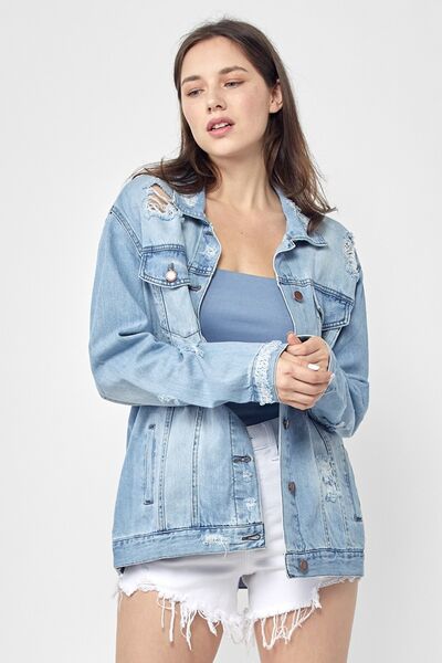 RISEN Light Wash Distressed Long Sleeve Denim Jacket