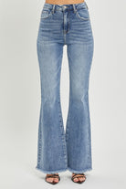 RISEN Medium Washed High Waist Raw Hem Flare Jeans Trendsi