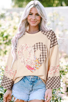 Heart Plaid Round Neck Long Sleeve Blouse Tan