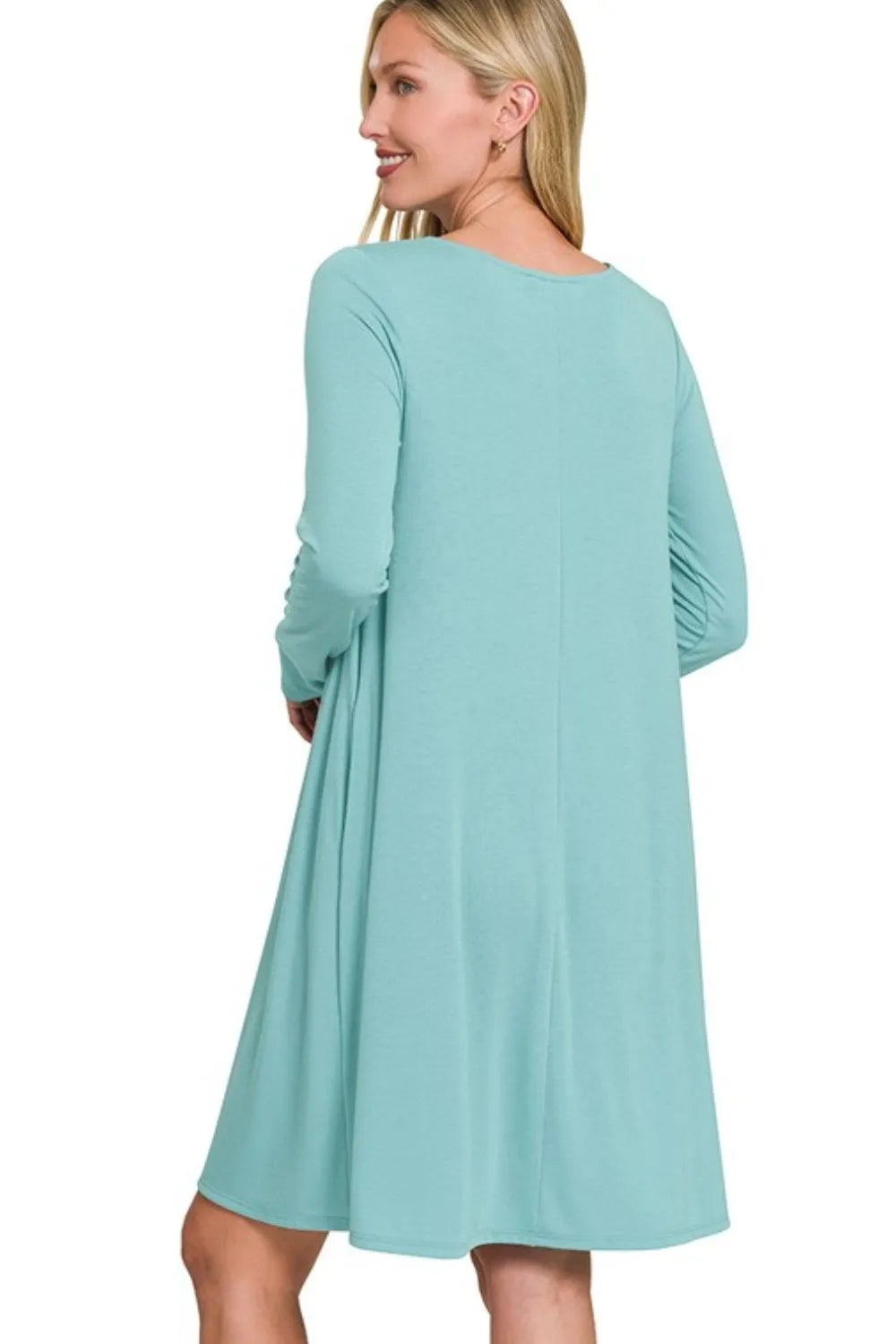 Zenana Deep Teal Long Sleeve Flare Dress With Pockets