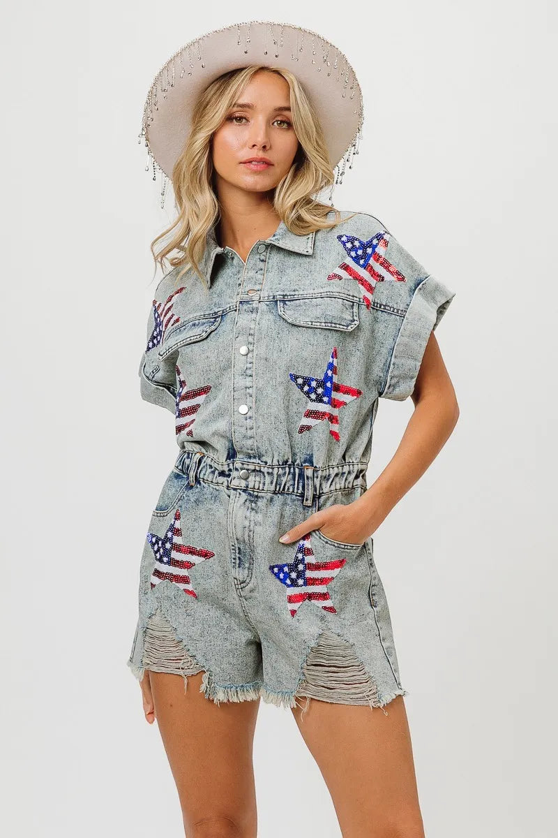 BiBi American Flag Washed Denim Romper