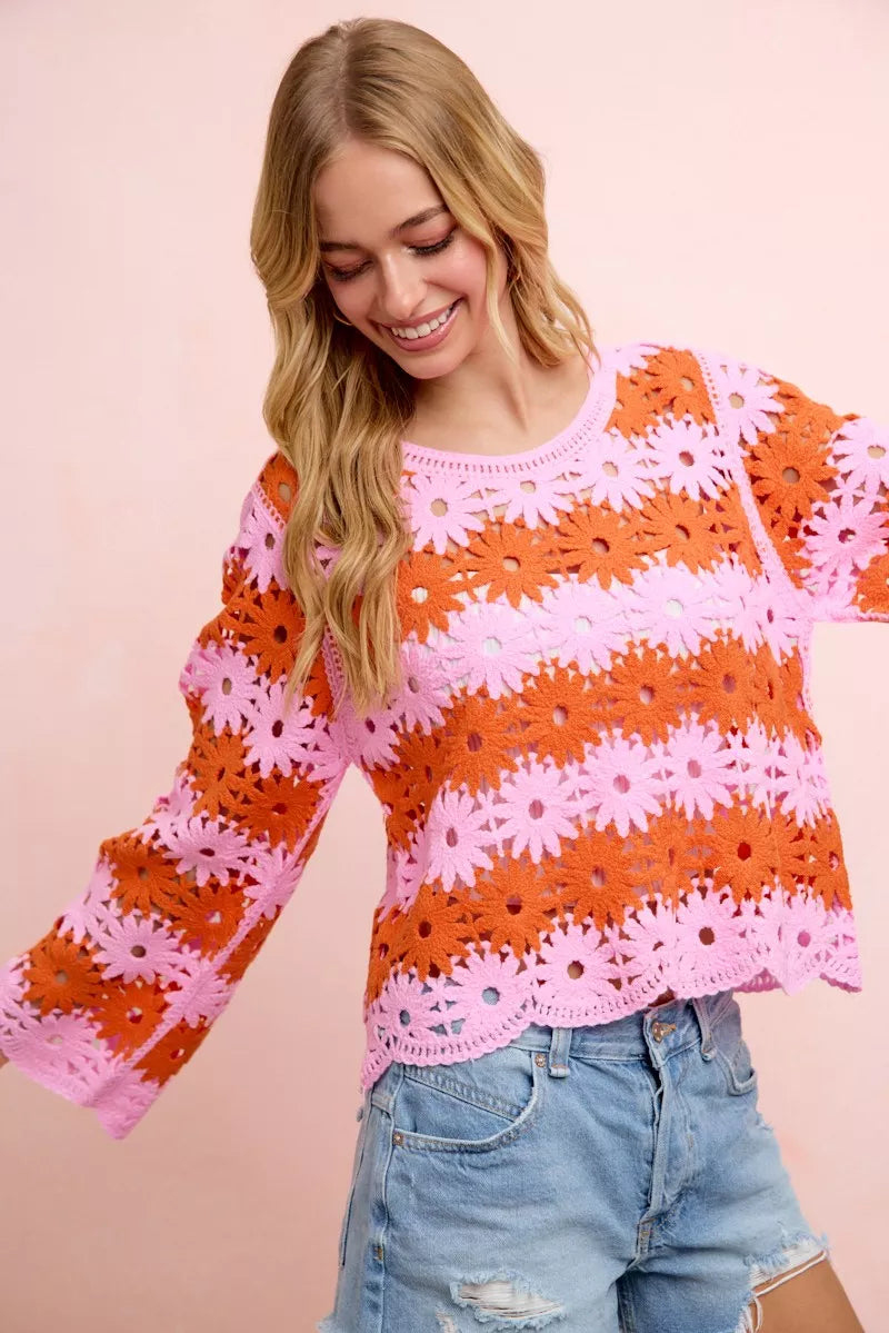 BiBi Pink Flower Crochet Knit Top