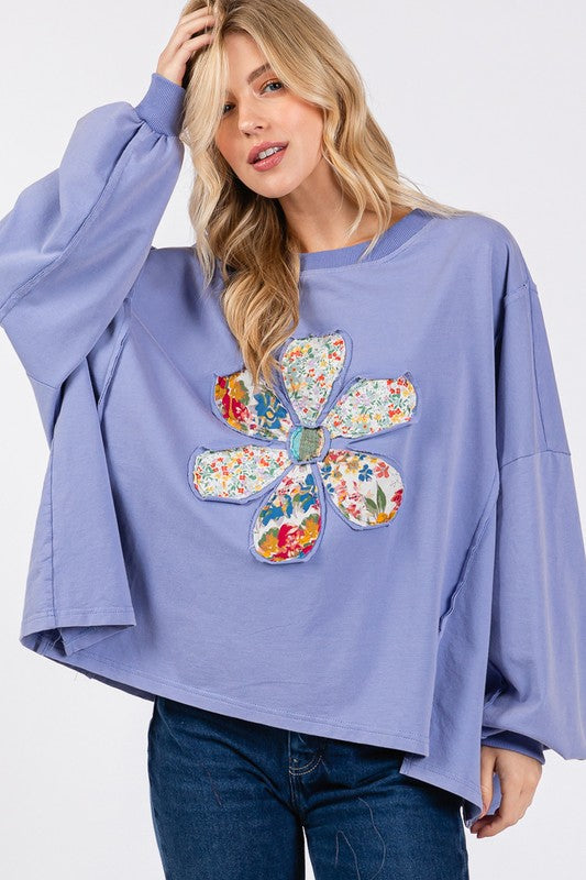 SAGE + FIG Blue Purple Flower Patch Dropped Shoulder Oversized Top Shirts & Tops