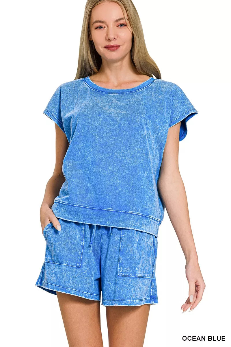 Zenana Ocean Blue Premium Cotton Washed Sleeveless Top & Shorts Set OCEAN BLUE