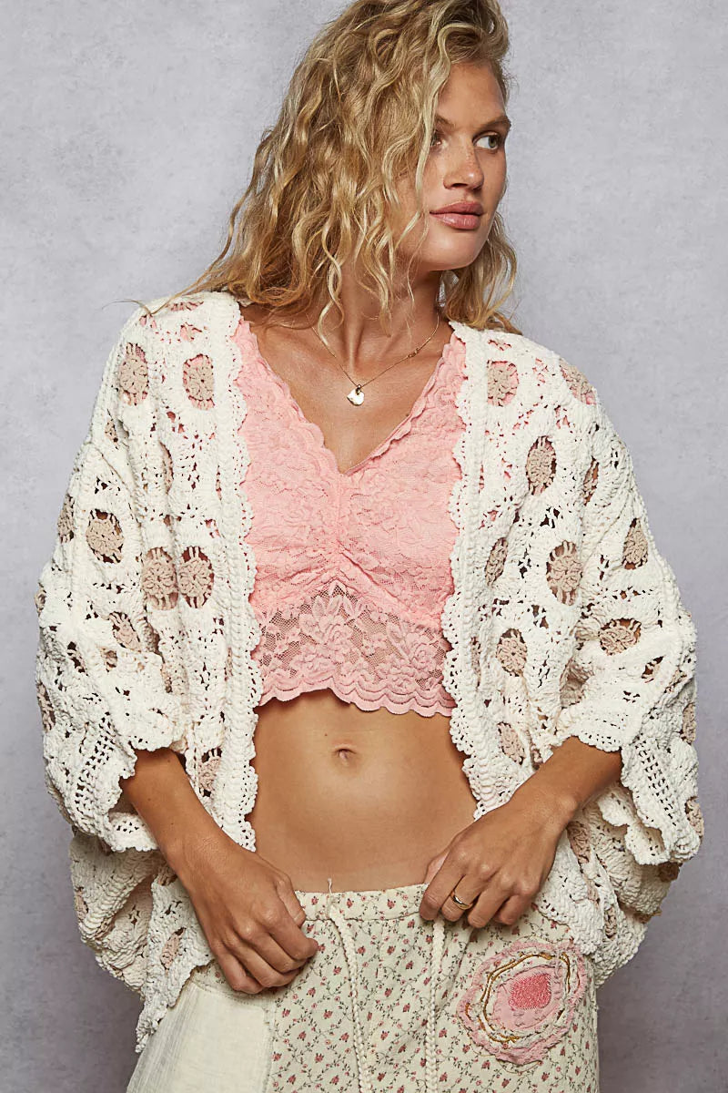 POL Openwork V-Neck Chenille Cardigan with Contrast Floral CREAM LATTE One Size