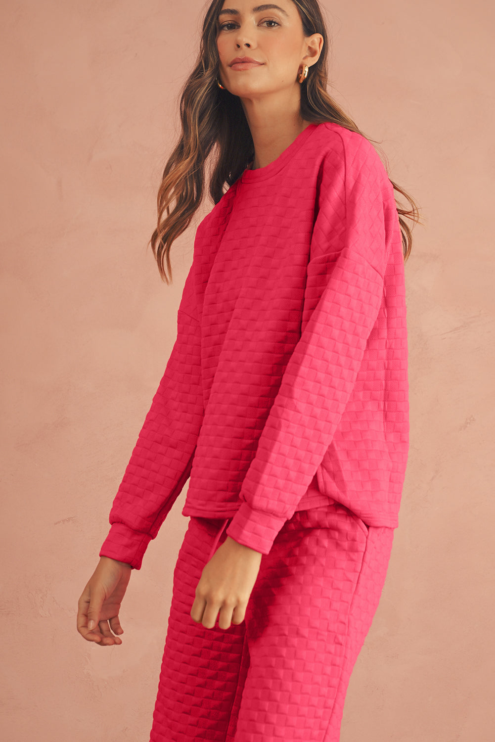 Strawberry Pink Checkered Textured Split Pullover Top and Pants Set Shewin