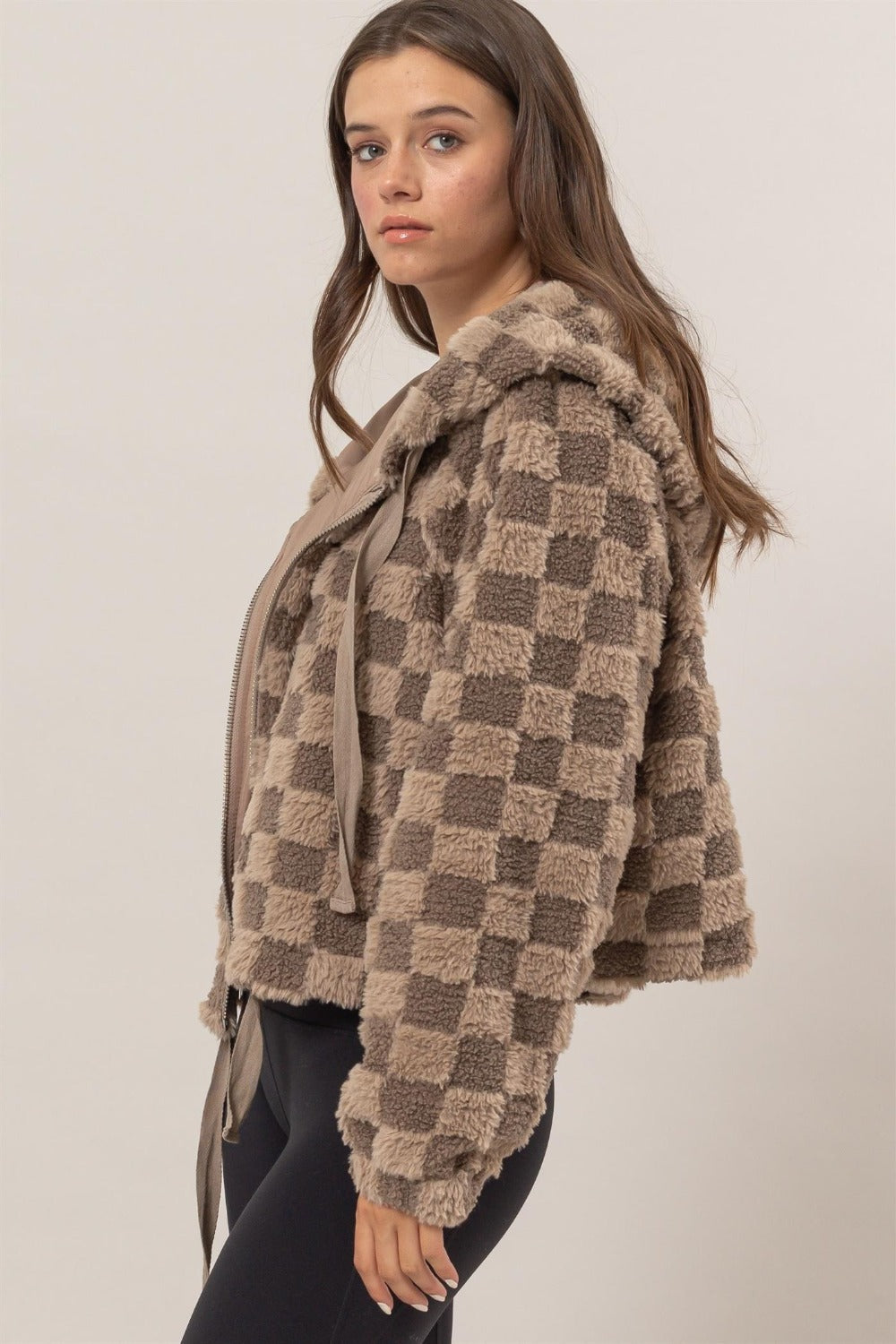 HYFVE Mocha Zip Up Sherpa Checkered Hooded Jacket Trendsi