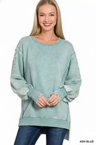 Zenana Ash Blue Acid Washed Batwing Sleeve Fleece Sweatshirt