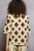 POL Cocoa Round Neck Short Sleeve Color Pattern Crochet Top with Border Accents