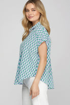 She + Sky Printed Johnny Collar Short Sleeve Blouse