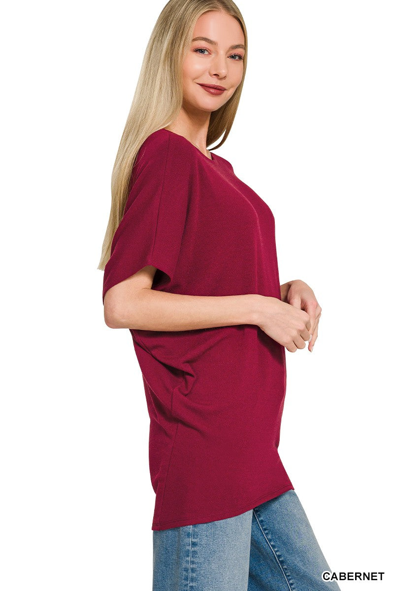 Zenana Cabernet Hacci Dolman Sleeve Boat Neck Top