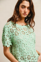 BiBi Light Green Openwork Crochet Short Sleeve Knit Top