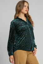 Umgee Animal Print Button Up Velvet Blouse in Hunter Green