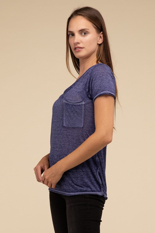 Washed Melange Burnout Scoop V-Neck Top ZENANA