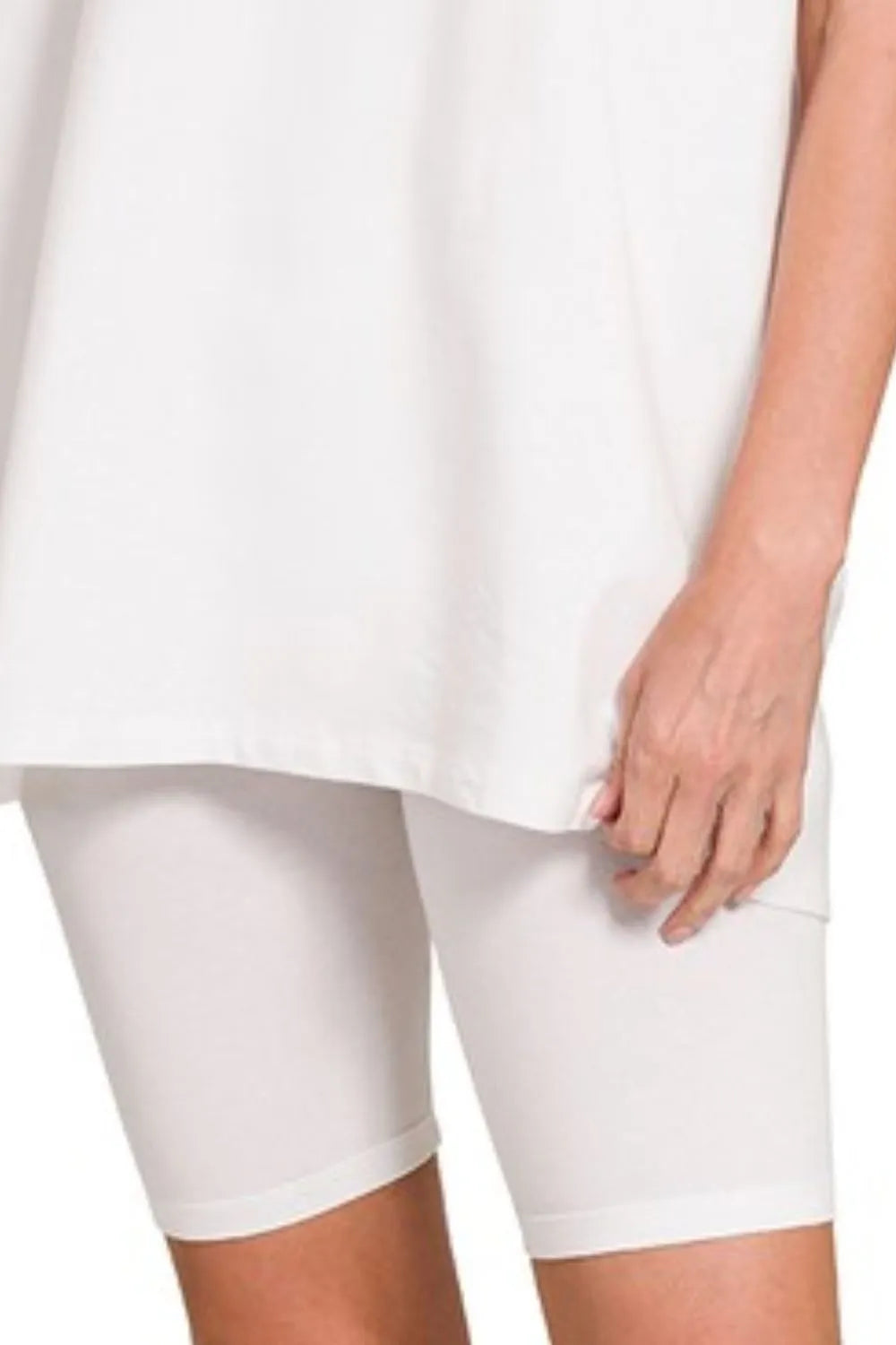 Zenana White Cotton Round Neck Top & Biker Shorts