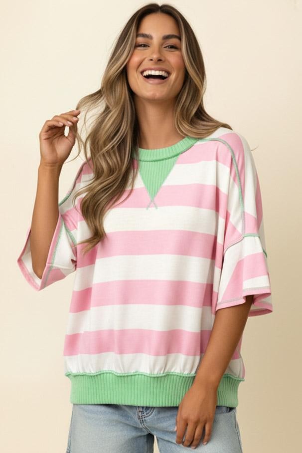 Haptics Flutter Elbow Sleeve Stripe French Terry Top – Blush/Lime