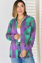 Zenana Green & Purple Plaid Button Up Long Sleeve Shacket Green Purple Trendsi