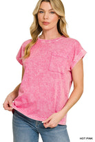 Zenana Hot Pink Halo Snow Washed Cuffed Short Sleeve Tee HOT PINK