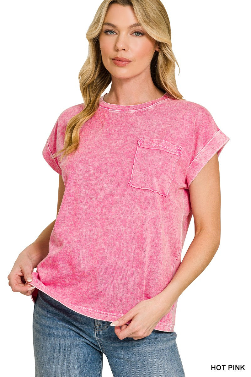 Zenana Hot Pink Halo Snow Washed Cuffed Short Sleeve Tee HOT PINK