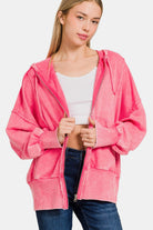 Zenana Fuchsia Acid Washed French Terry Zip-Up Hoodie with Pockets Fuchsia Shirts & Tops