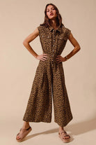 SO ME Wide Leg Leopard Twill Overalls Jumpsuit with Tuck Pleats LEOPARD
