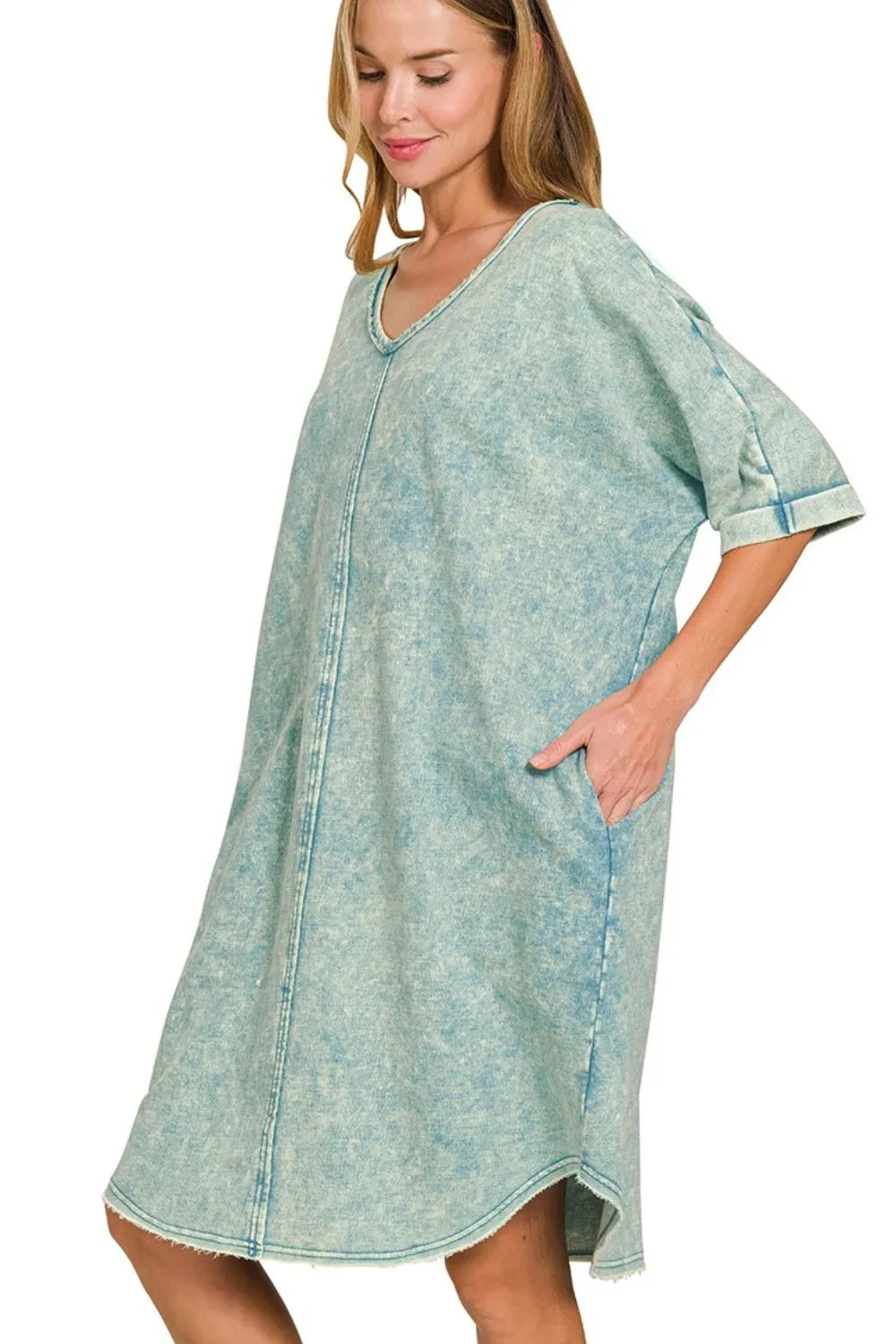 Zenana Ash Blue Acid-washed French Terry Tee Shirt Dress
