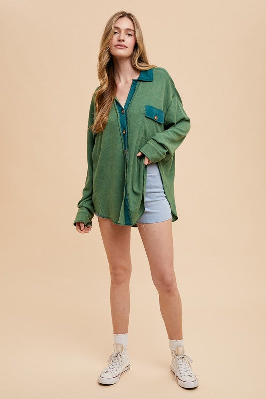 Annie Wear Dark Green Waffle-Knit Mineral Washed Button Down Shirt