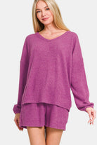 Zenana V-Neck Long Sleeve Ribbed Top and Shorts Set Red-Violet