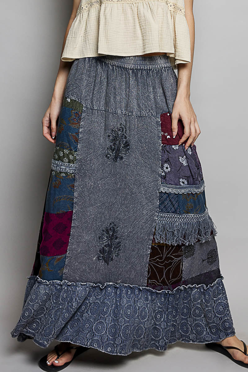 POL Charcoal Multi Printed Patchwork Embroidered Ruffled Bohemian Skirt CHARCOAL MULTI