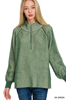 Zenana Ribbed Two Tone Half Zip Sweater in Dark Green DK GREEN