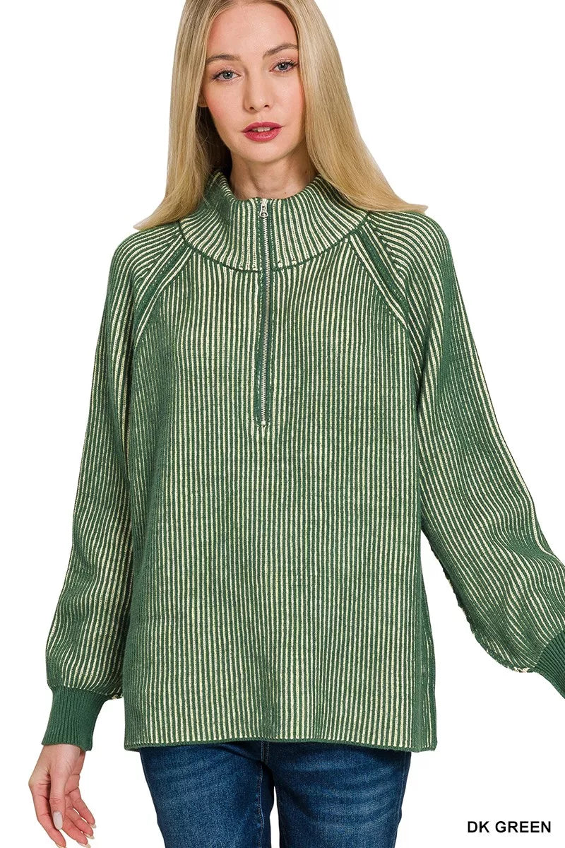 Zenana Ribbed Two Tone Half Zip Sweater in Dark Green DK GREEN