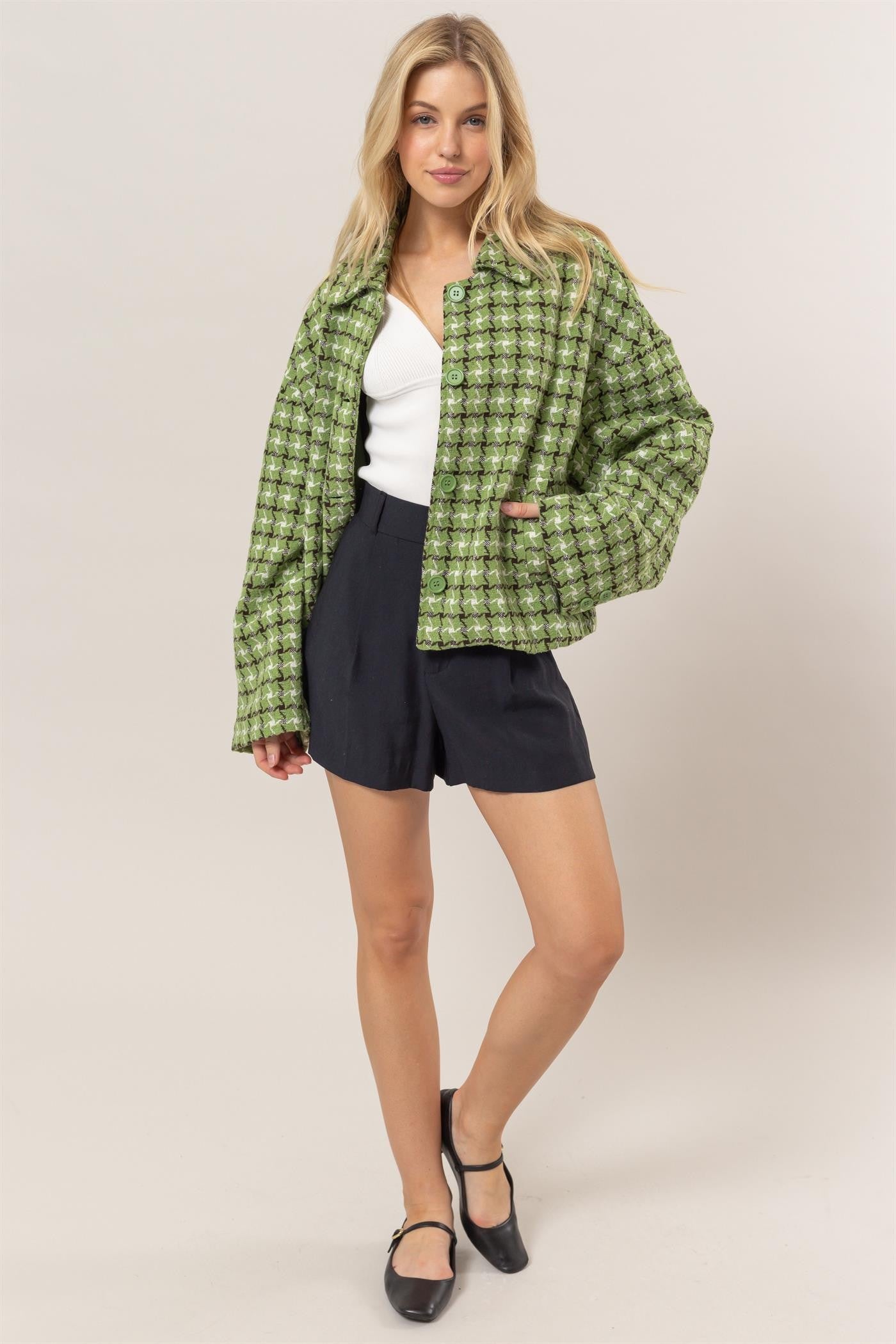 HYFVE Tweed Plaid Button Up Collared Neck Jacket Trendsi