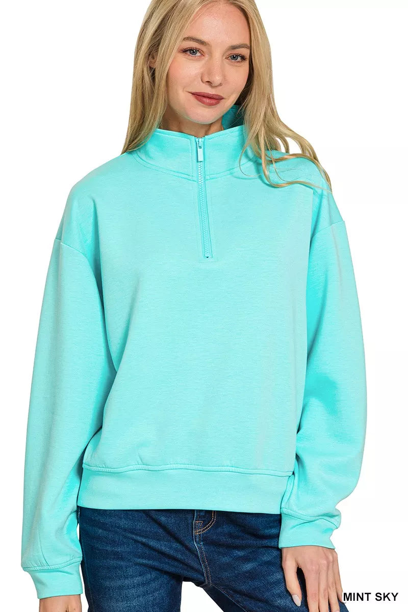 Zenana Mint Sky Scuba Half Zip Pullover Sweatshirt MINT SKY