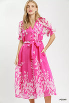 Umgee Peony Print Floral Print Tie Waist Midi Dress with Side Pockets PEONY