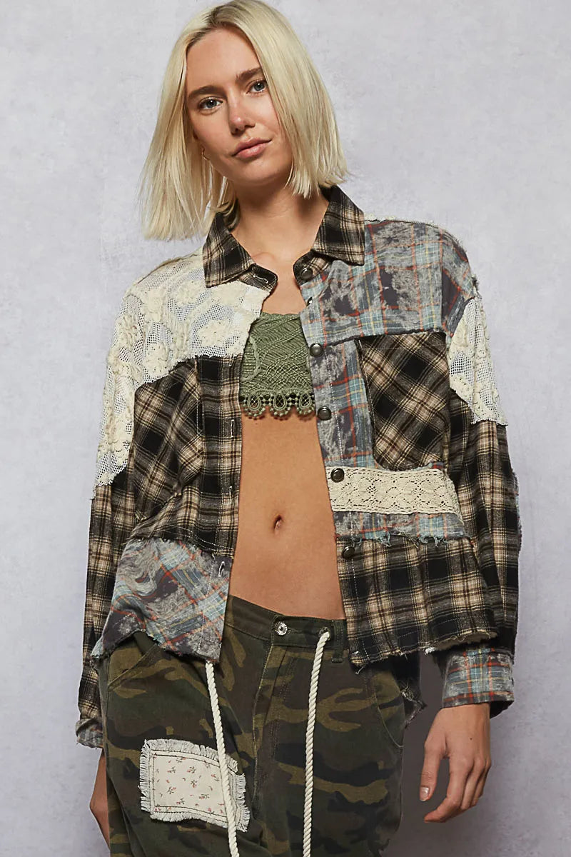 POL Lace Patchwork Plaid Oversized Shirt Black
