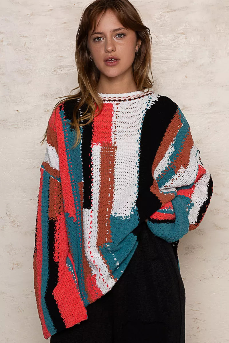 POL Multi Color Block Round Neck Oversized Sweater RED IVORY