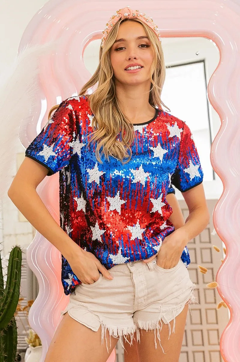 BiBi Red & Navy American Theme Star Pattern Sequin Top