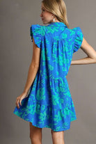 Umgee Blue Floral Print Ruffle Cap Sleeve Tiered Dress