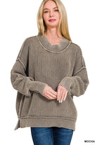 Zenana Mocha Washed Side Slit Oversized Sweater MOCHA