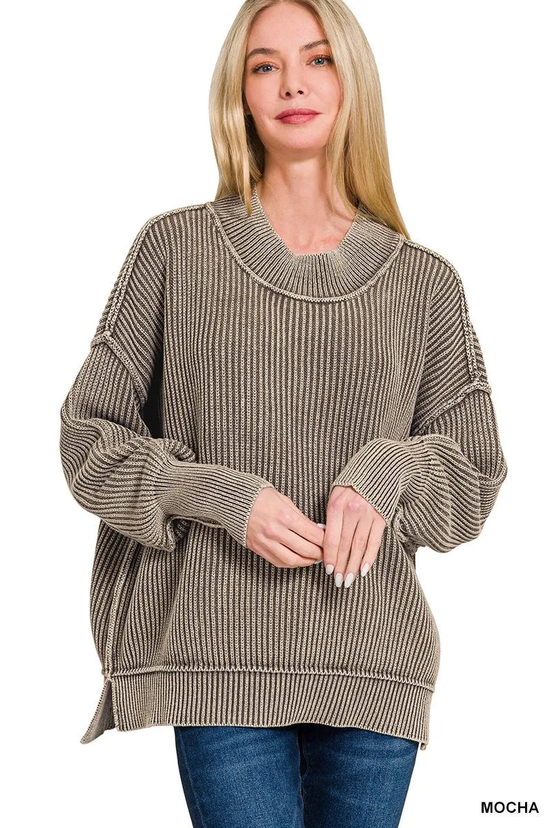 Zenana Mocha Washed Side Slit Oversized Sweater MOCHA