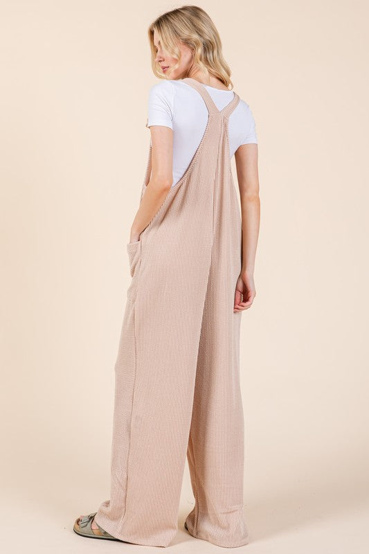 BOMBOM Knot Straps Wide Leg Ribbed Overalls with Pockets in Dust Storm Jumpsuits & Rompers